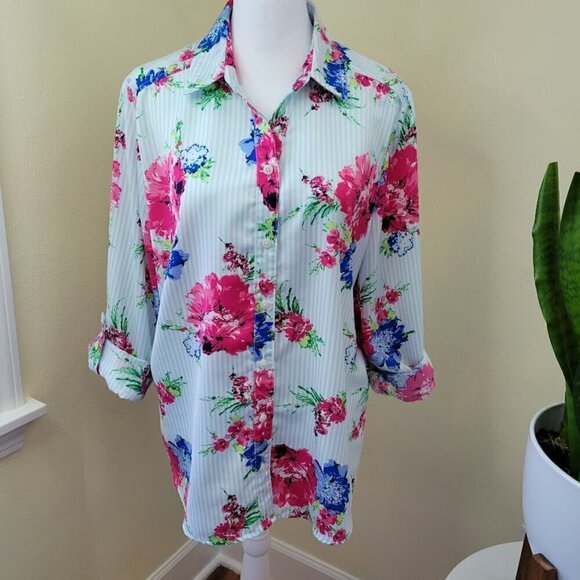 Chico’s Striped Floral Print Blouse Roll Tab Sleeve Pink Blue Women’s Size L - Picture 8 of 13